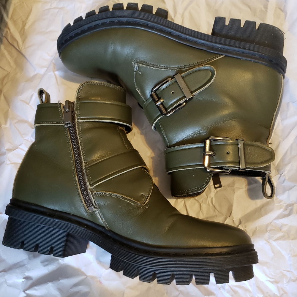 Olive Green Combat Strap Ankle Boots